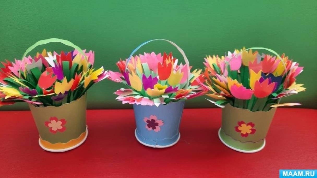 Детский мастер-класс по изготовлению поделки «Корзинка с тюльпанами» с использованием бумажных стаканчиков с детьми 3–4 лет