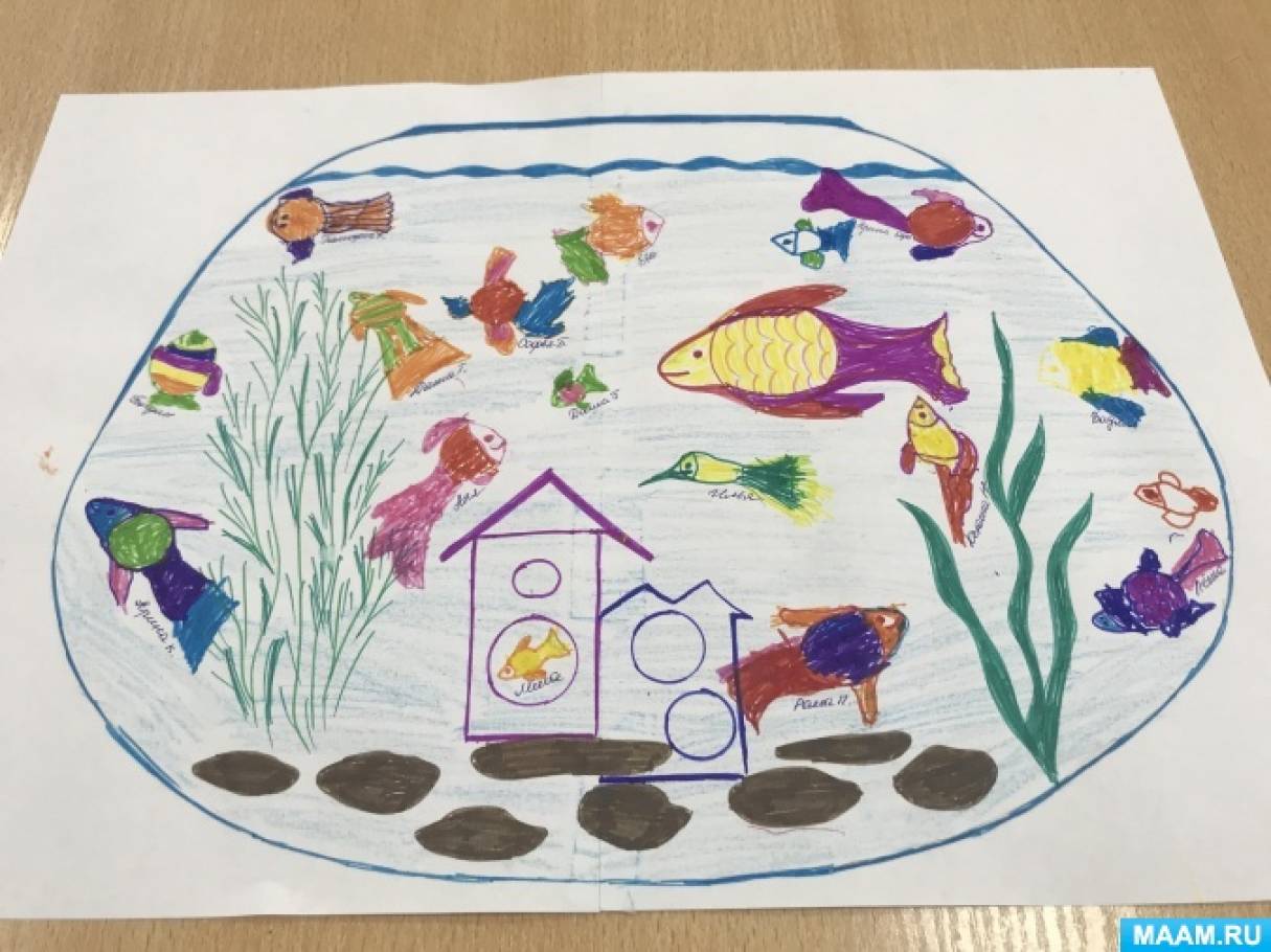 Конспект занятия по рисованию с детьми 4–5 лет. Коллективная работа «Стеклянный дом полон воды, кто плавает в нём, ты покажи»