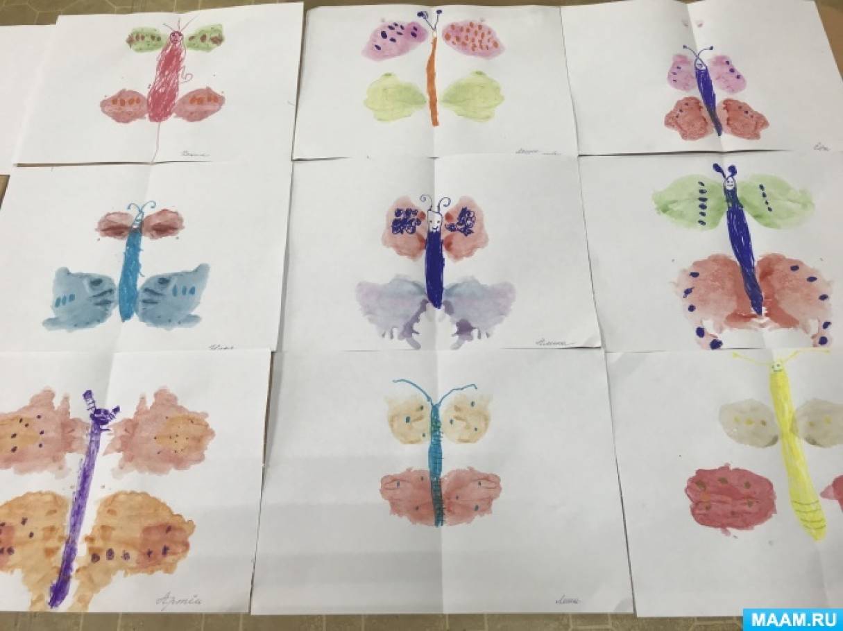 Конспект занятия по рисованию в технике «кляксография» с детьми 4–5 лет «Как цветочки, в небесах бабочки порхают»