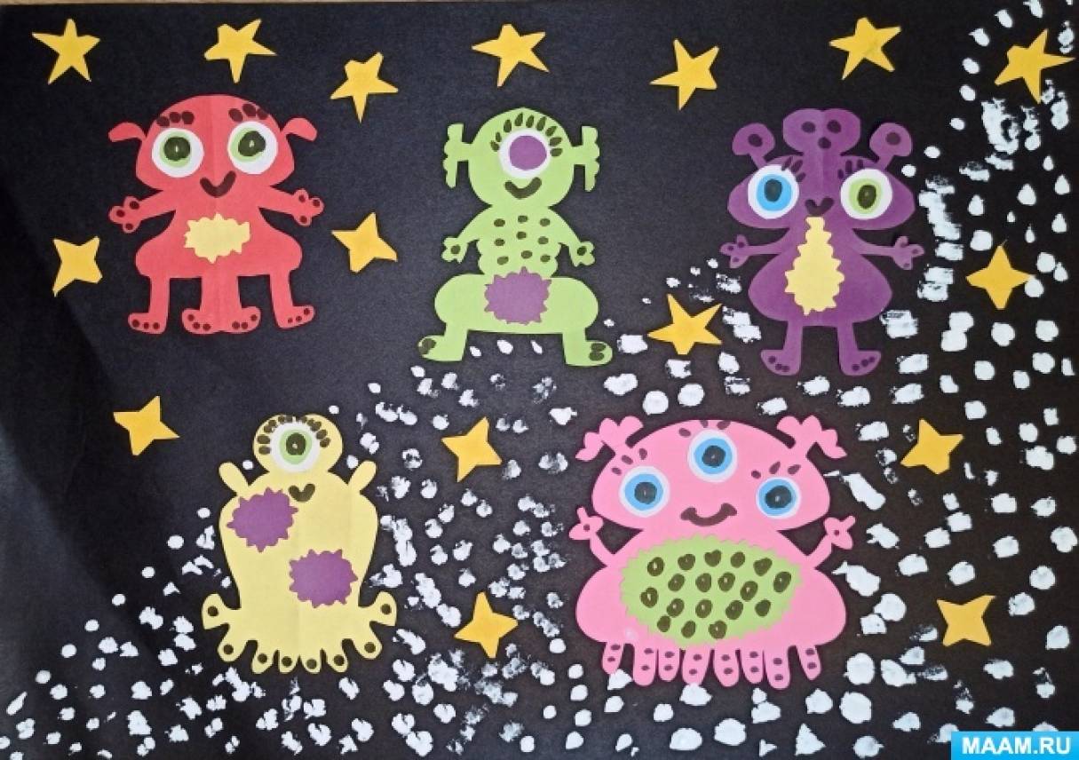 Аппликация из цветной бумаги с элементами рисования «Веселая семейка инопланетян». Мастер класс с пошаговым фото
