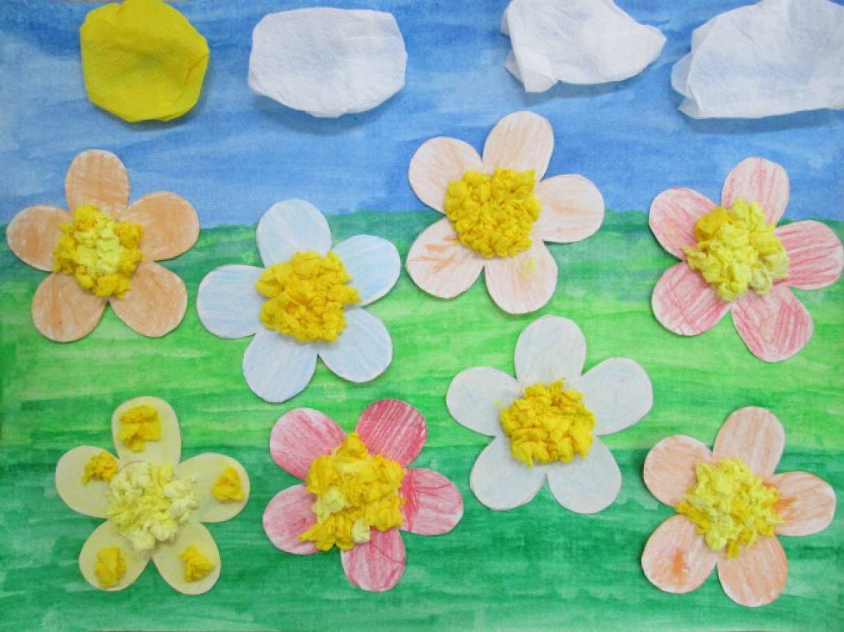 Мир цветов младшая группа. Аппликация Цветочная Поляна. Рисование с элементами аппликации панно красивые цветы. Панно красивые цветы рисование в старшей группе. Аппликация весенние цветы.