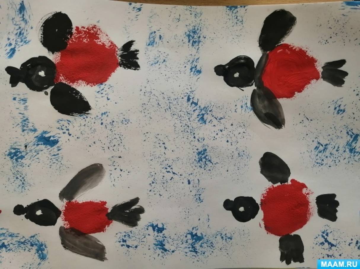 Фотоотчет по нетрадиционной техники рисования в подготовительной группе «Снегирь красногрудый»