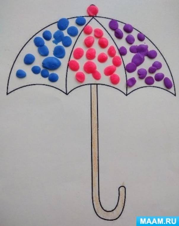 Зонтик младшая группа. Аппликация цветные зонтики. Пластилинография зонтик. Цветные зонтики пластилинография. Зонтик из пластилина.