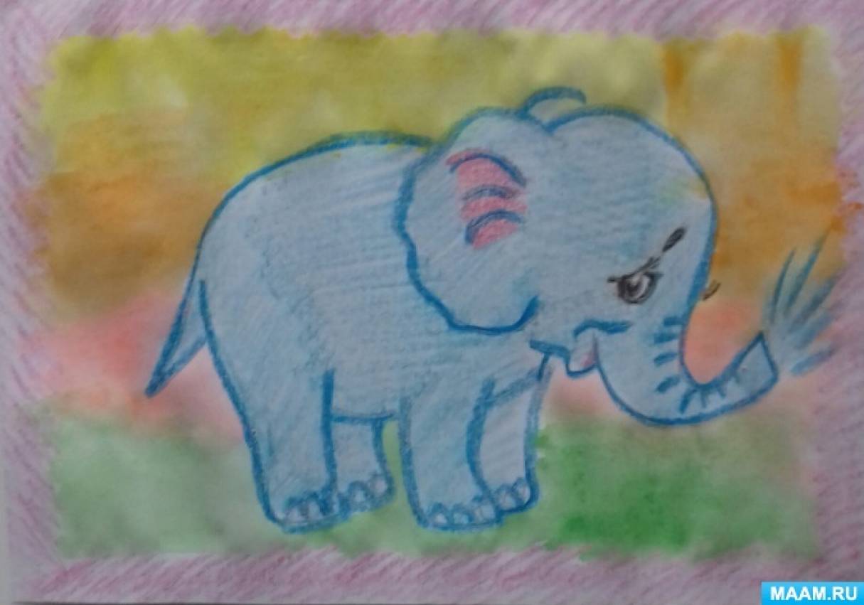Мастер-класс по рисованию восковыми мелками и акварельными красками «Веселый слоник»