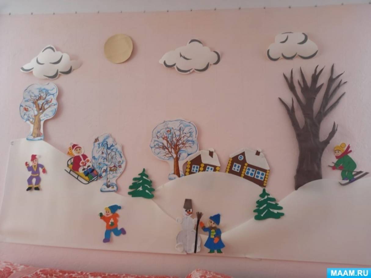 Оформление стены в детском саду своими руками на зимнюю тематику «Зимние  забавы детей» (1 фото). Воспитателям детских садов, школьным учителям и  педагогам - Маам.ру