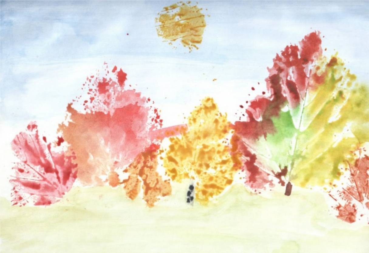 Рисунки с помощью листьев и красок