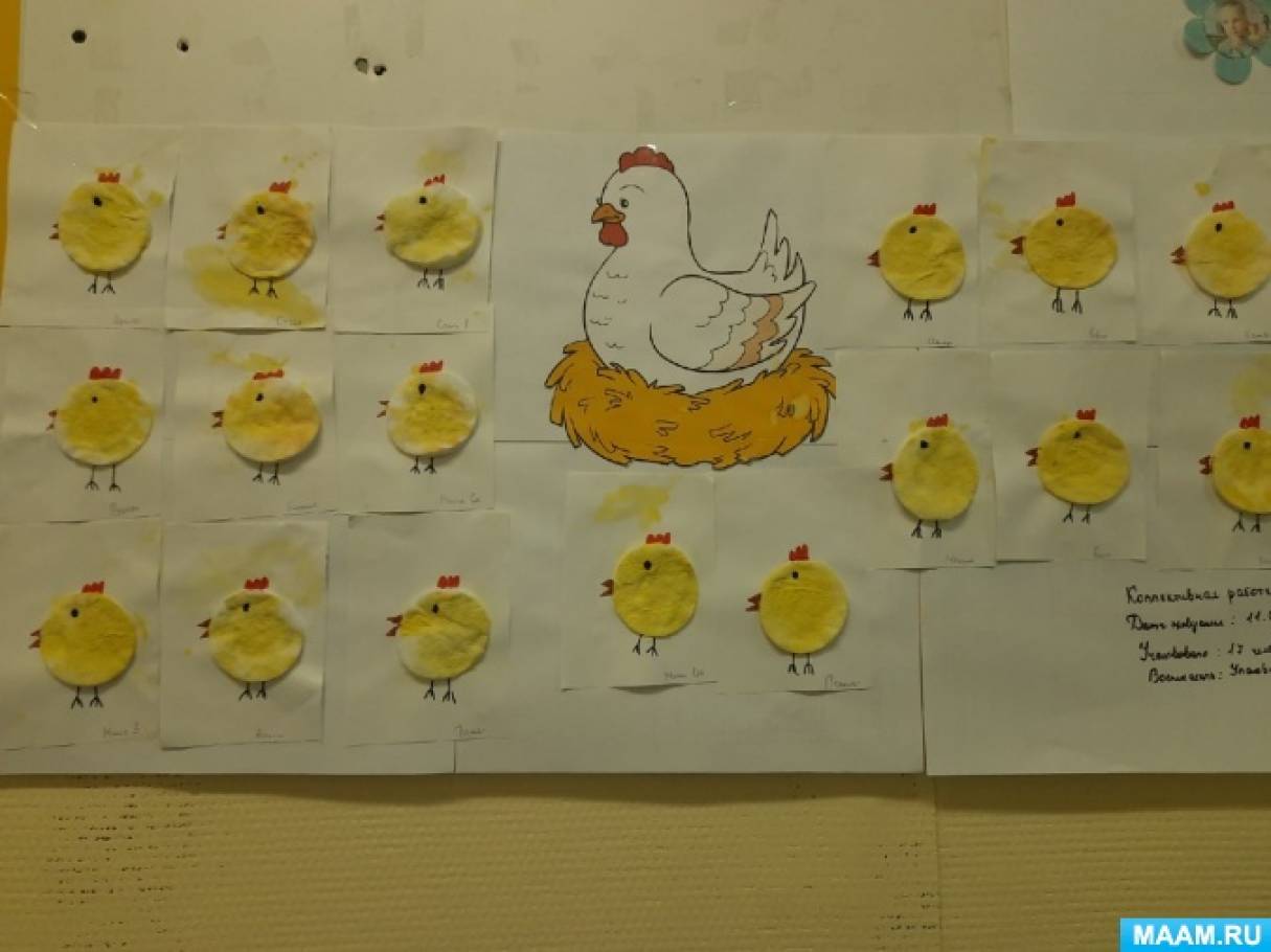 Фотоотчет о занятии по изобразительной деятельности «Маленькие цыплятки — желтые комочки»
