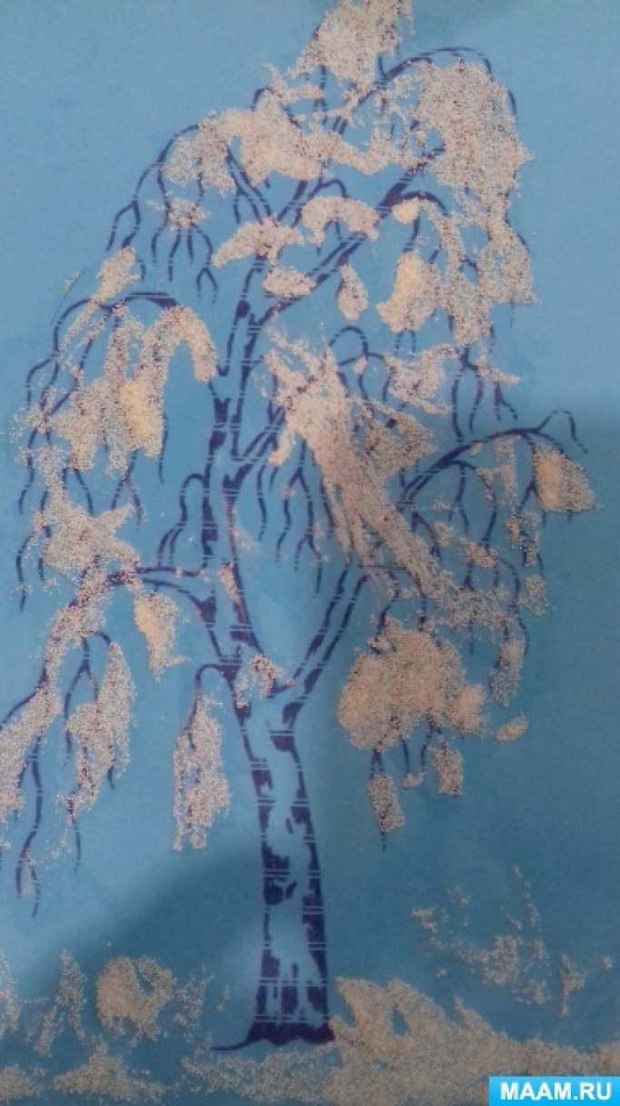 Фотоотчет о творчестве детей с применением нетрадиционной техники рисования (манной крупой) «Деревья в снегу»