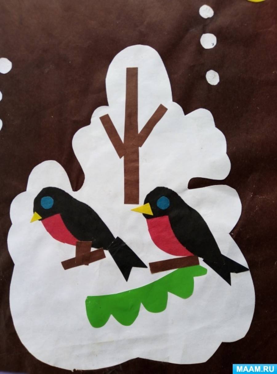 Зимняя аппликация в старшей группе детского сада. Зимняя аппликация в средней группе. Аппликация в средней группе на тему птицы зимой. Рисование в старшей группе. Аппликация снегирь.