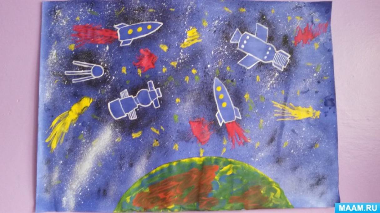 Космоса в детском саду подготовительная. Рисование ко Дню космонавтики в старшей группе. Рисование космос в детском саду. Рисование космос средняя группа. Рисование космос в средней группе детского сада.
