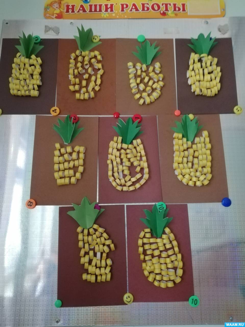 Фотоотчет об аппликации из бумажных колечек «Ананас» в рамках тематической недели «Урожайная» в подготовительной группе