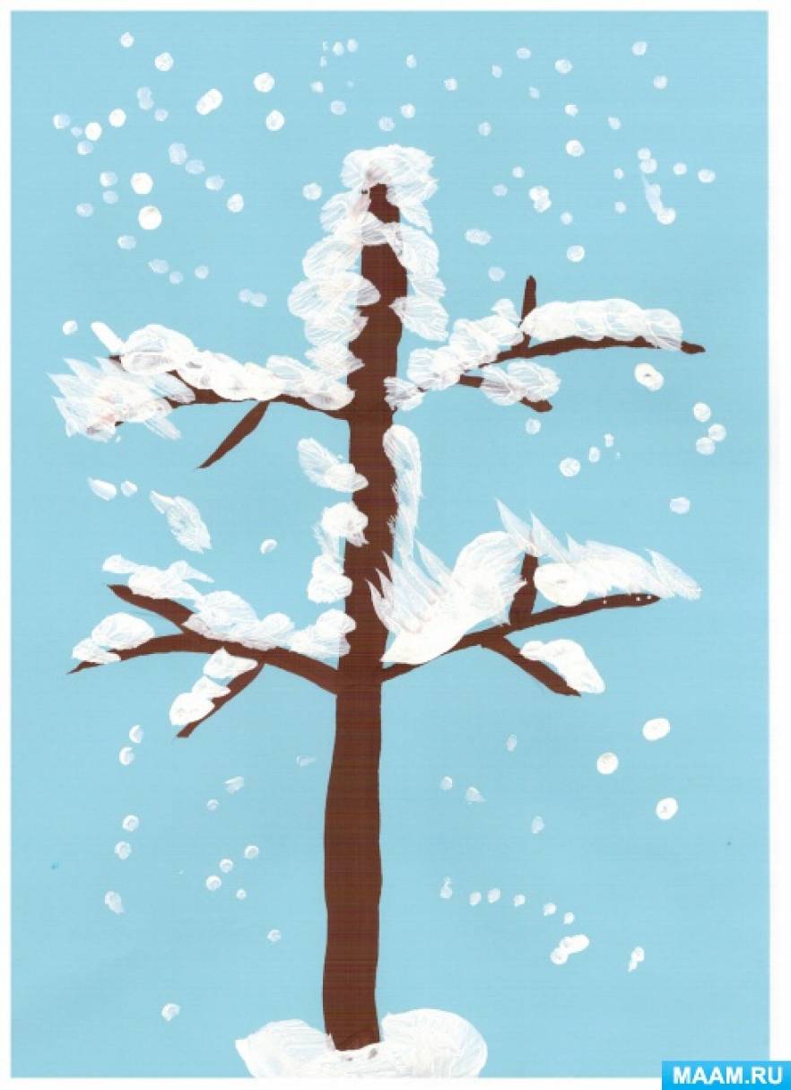 Деревья в снегу вторая младшая группа. Деревья в снегу рисование. Рисование в младшей группе дерево зимой. Дерево в снегу рисование в средней группе. Деревья в снегу рисование во второй младшей группе.
