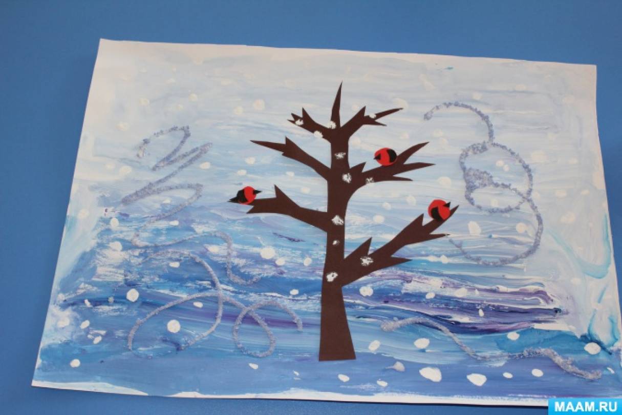 Деревья в снегу вторая младшая группа. Рисование: «зимнее дерево» (т. Комарова, с.73). Зимняя аппликация. Рисование с элементами аппликации. Аппликация зимнее дерево.