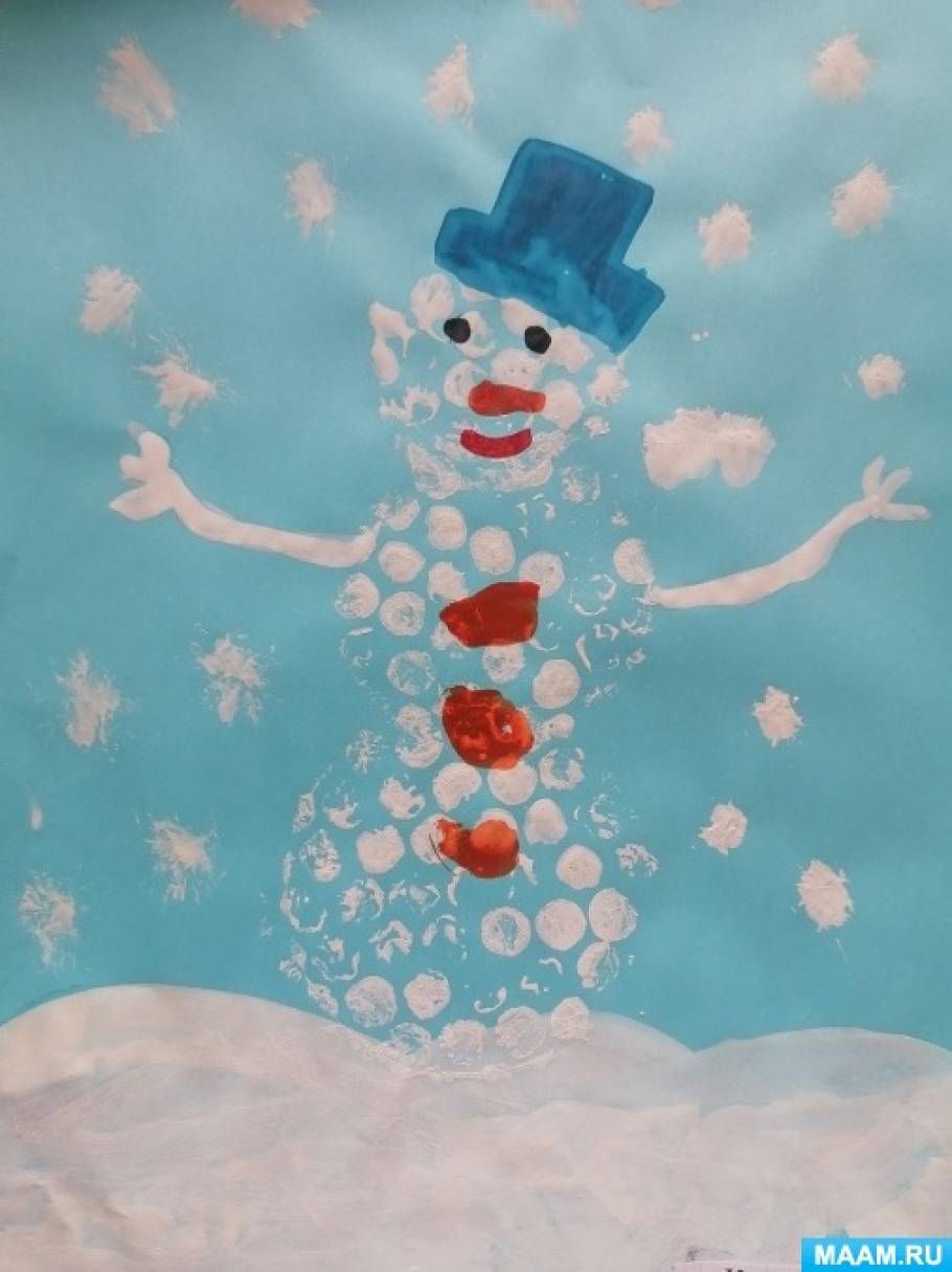 Конспект занятия по нетрадиционному рисованию «Снеговик» в технике печати пленкой воздушно-пузырчатой