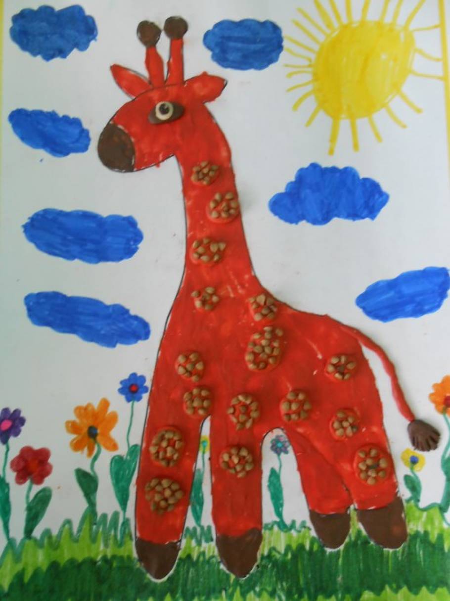 «Очень длинношеее животное под чудным названием жираф» Пластилинография, рисование с использованием крупы (мастер-класс)