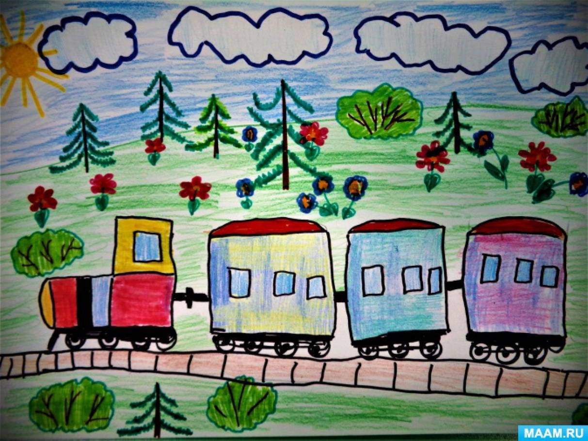 Нарисовать детскую железную. Рисование поезда в подготовительной группе. Рисование поезд старшая группа. Рисование с детьми поезд. Поезд детский рисунок.
