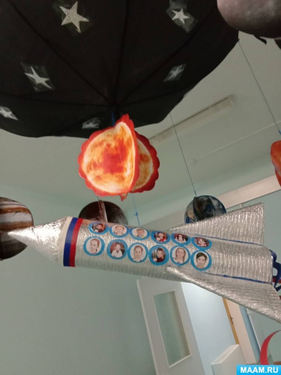 Оформление группы к Дню космонавтики. Мобиль из зонтика «Планеты Солнечной системы»