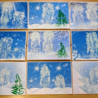 Фотоотчёт о НОД по рисованию красками «Зимний лес» в технике отпечатка листьев