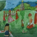 На них изображены различные сюжеты праздника урожая в деревне девушки плетут себе венки из колосьев поют песни в доме праздник пир гулянья и др