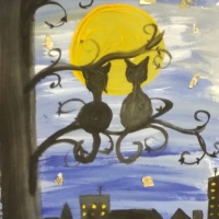 Конспект НОД по рисованию с использованием нетрадиционных техник «Коты на дереве глядят на ночной город»