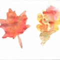 Золотая осень. Лист кленовый, лист дубовый в акварельной технике «по-сырому». Детские рисунки. Фотоотчет.