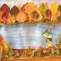 Картина ученика 1 класса в смешанной технике с использованием природного материала «Осенний лес»