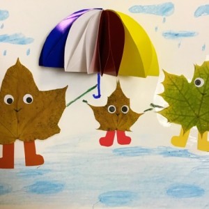 Объёмная аппликация из клиновых листьев и цветной бумаги «Осенние листочки под зонтиком» для старших дошкольников